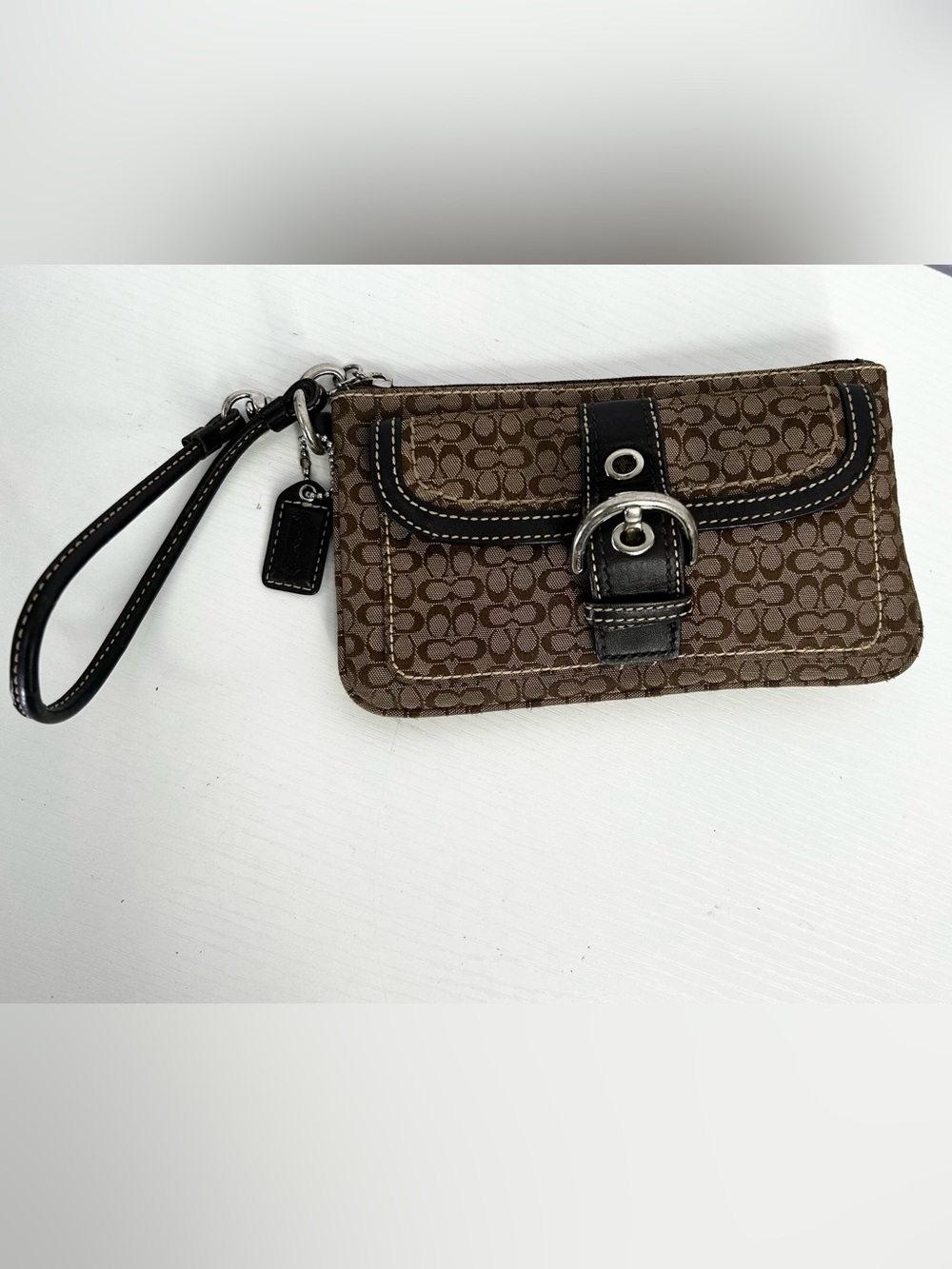 Y2K Coach Brown Canvas Signature Jacquard Buckle Front Pocket Wristlet Mini Bag
